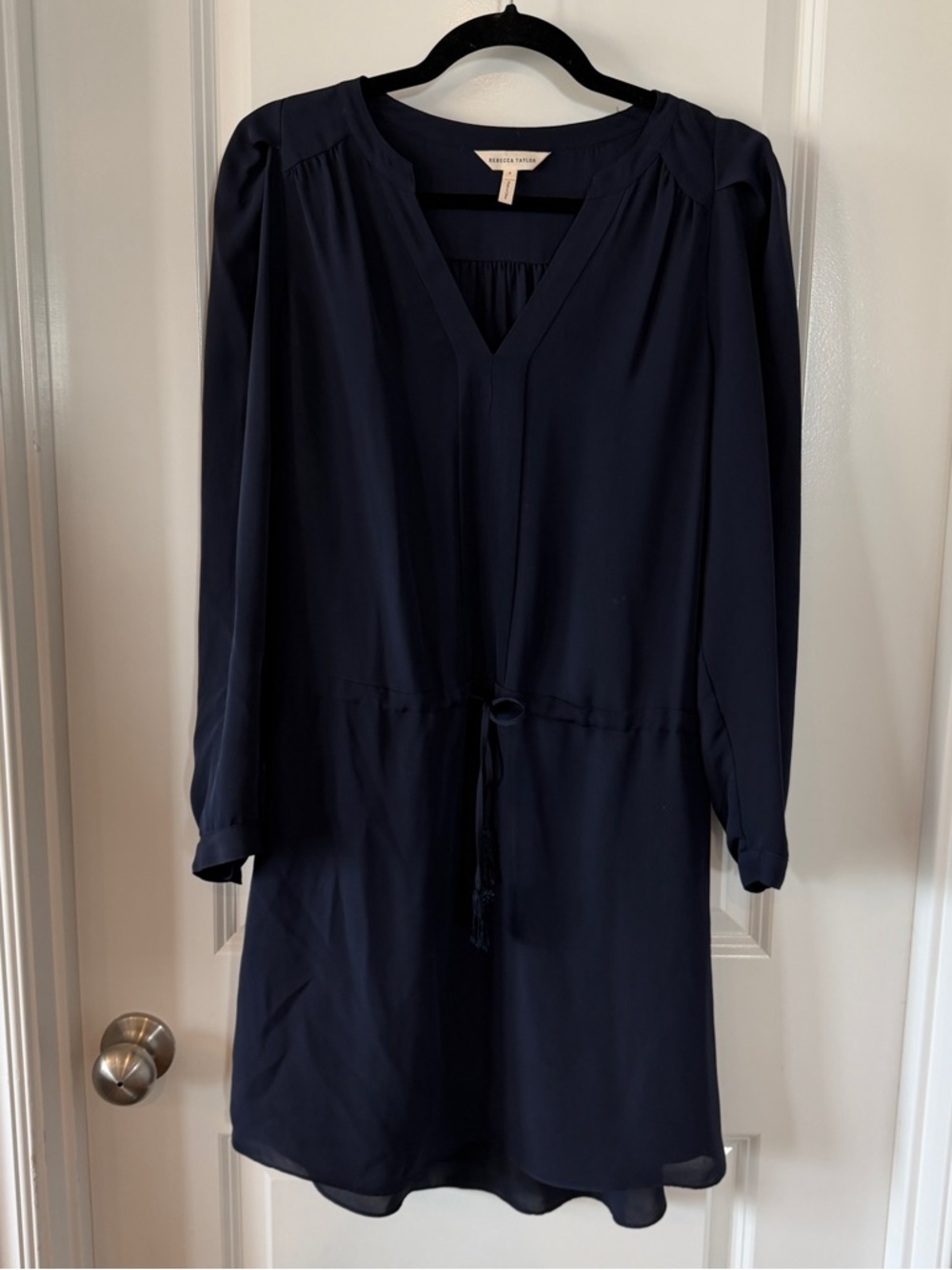 Rebecca Taylor 100% Silk Navy Drop Waist Dress Drawstring Waist V-neck Sz 4
